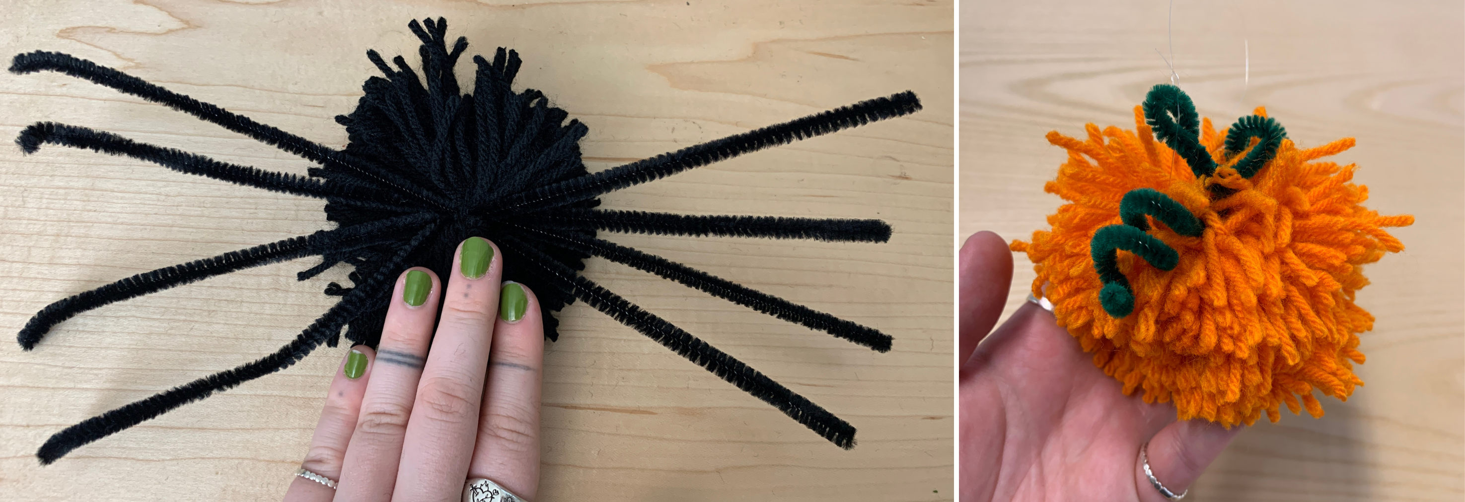Two images together; one, on the left, depicts a spider pompom, with black yarn and black pipecleanrs as legs. On the right, a photo of a pumpkin pompom, with orange yarn and a green pipecleaner as the stem.