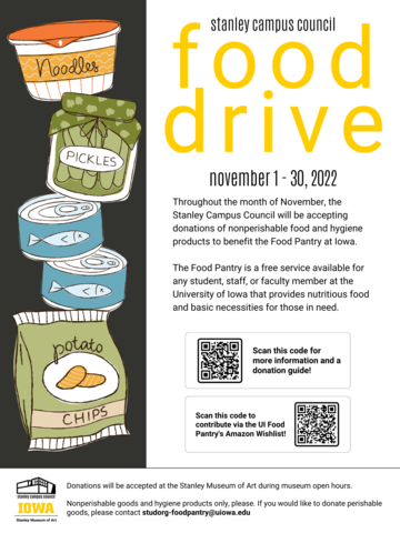 A poster advertising the SCC's Food Drive to benefit the Food Pantry at Iowa.