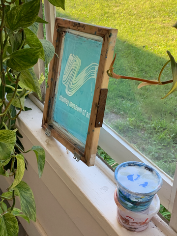 A clean screen rests on a window ledge on a screened in porch. Next to it, on the right, are two plastic containers filled with ink. To the left is a hanging plant.