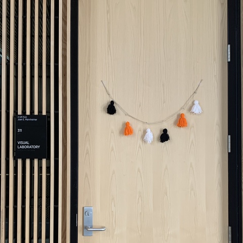 A photo of the Stanley Visual Lab door, with a Halloween pom-pom garland craft strung up outside it.