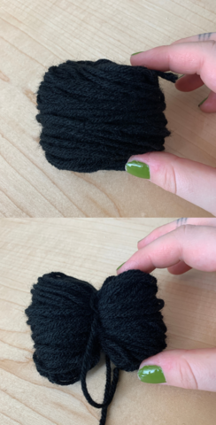 A diagram showing the progression of building a spider or pumpkin pompom decoration. First, an image showing a bundle of yarn held in a person's hand. Then, an image of the yarn with another piece of yarn tied onto it, turning it into a little bow-shaped lump.
