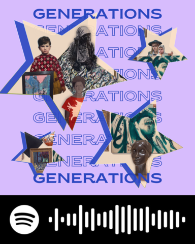 A graphic image with star shaped photos on top that depict images of works in the Stanley galleries. Dark purple text on a lighter purple background beneath the images reads "Generations," repeated 9 times.