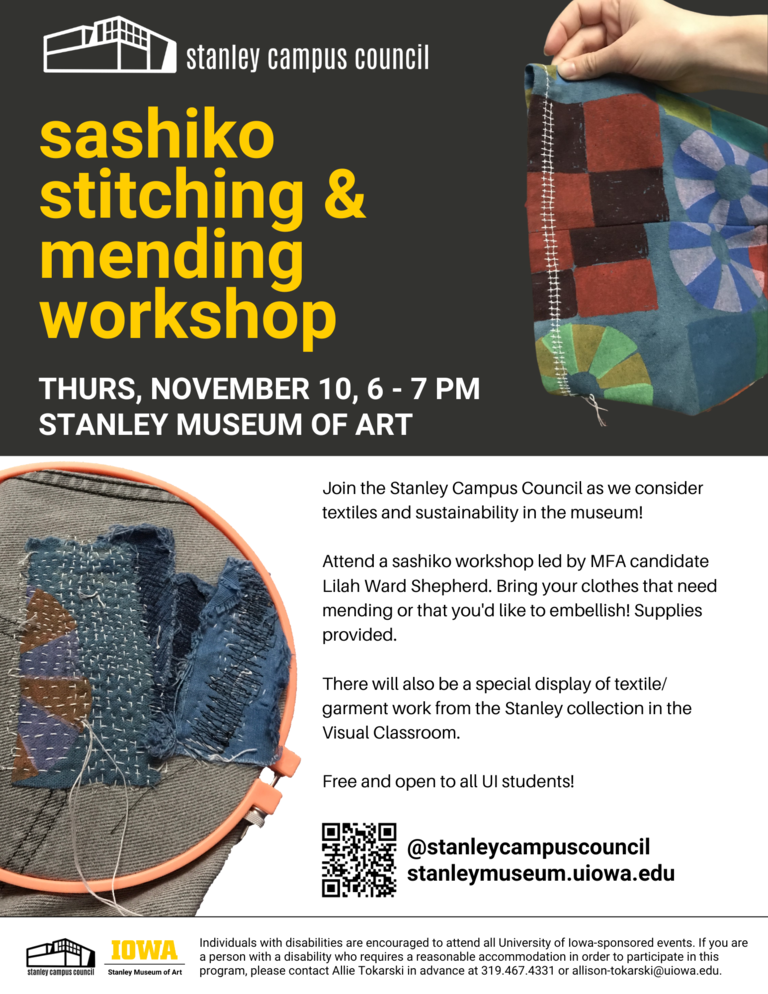 A poster advertising the sashiko stitching and mending workshop led by MFA candidate Lilah Ward Shepherd.