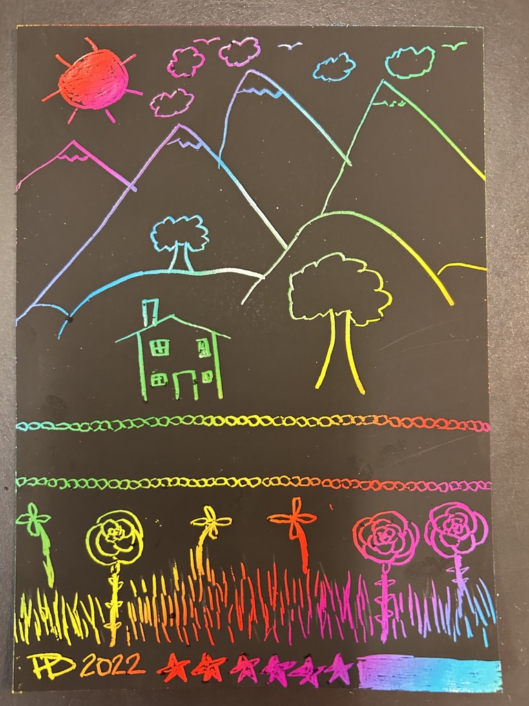 An up close image of one of the scratch paper art pieces. It features a landscape, with grass and flowers in the foreground; a road, in front of a house with a tree next to it in the middle ground; and then mountains, clouds, and the sun in the background.