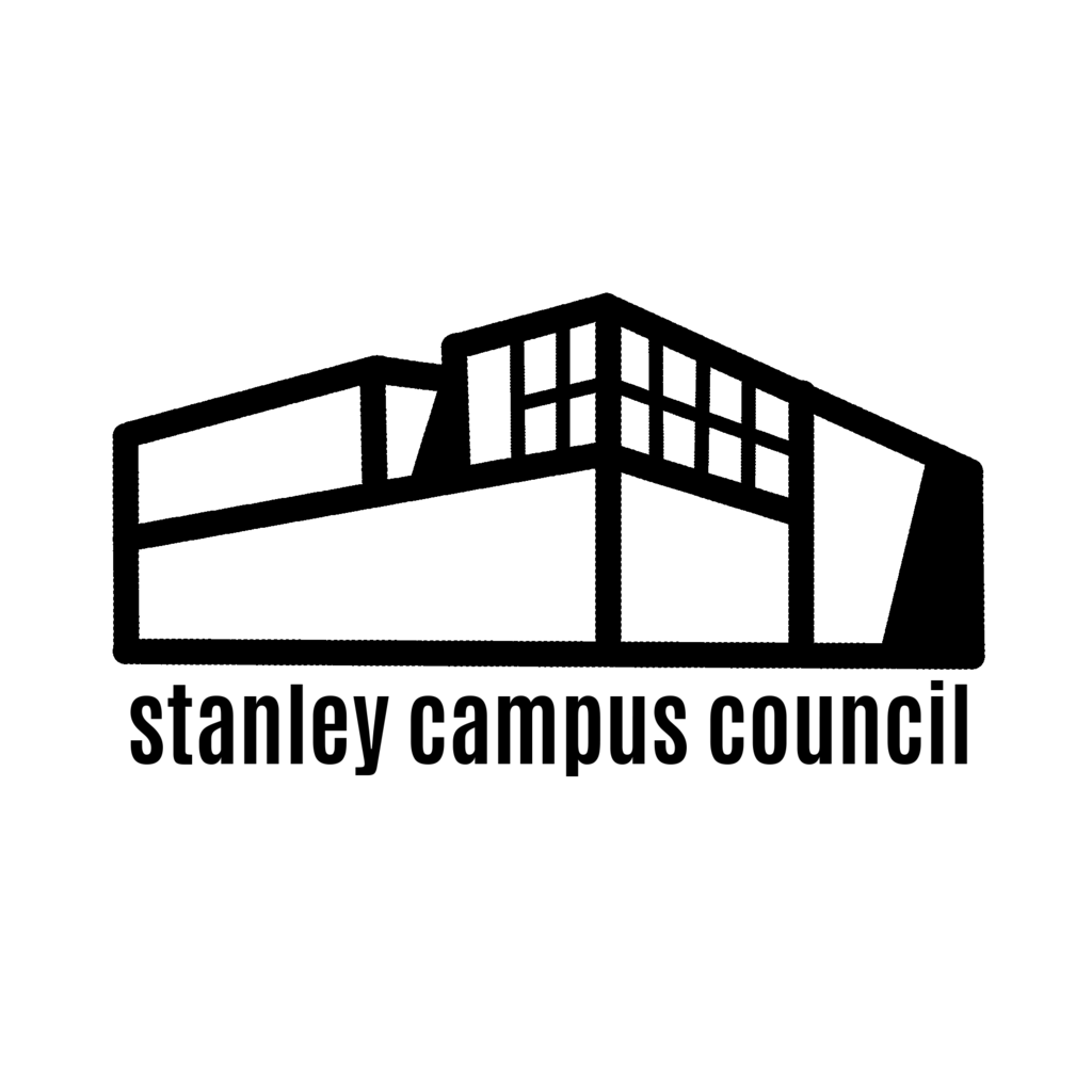 Stanley Campus Council Logo. A black line-art drawing interpretation of the Stanley Museum of Art Building. Below this drawing is an all-lowercase, tightly kerned text that reads "Stanley Campus Council."