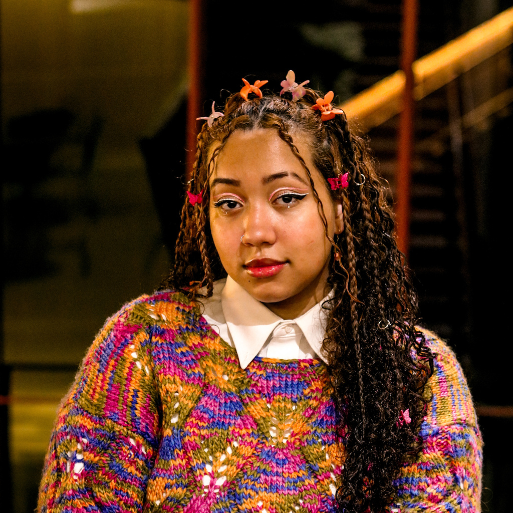 A moodily-lit photo of a person wearing a multicolored knit sweater. Their long hair is in many braids, accentuated with multiple butterfly clips. They are wearing red lipstick.
