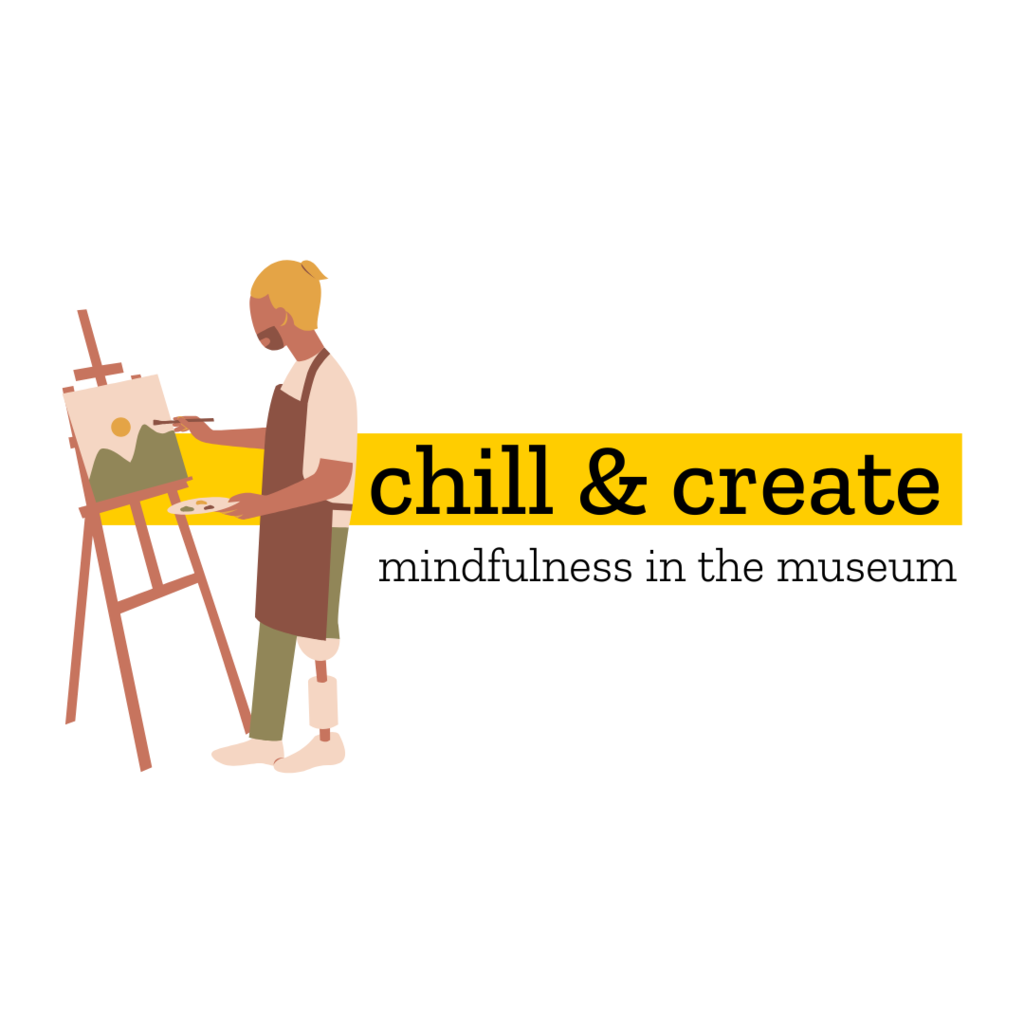 A graphic advertising the Chill & Create series. It features a simplified doodle of a person painting at an easel--they have no facial features, their hair is up in a bun, and one of their legs is wooden and articulated, like a drawing puppet. To the right of this figure is a gold, horizontal bar, with text that says "Chill & Create." 