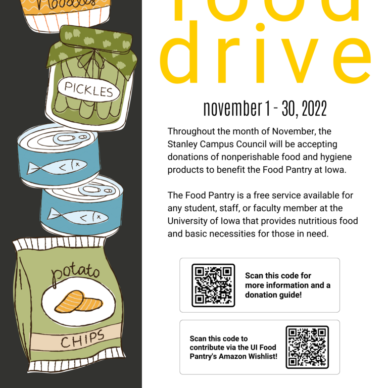 A poster advertising the SCC's Food Drive to benefit the Food Pantry at Iowa.
