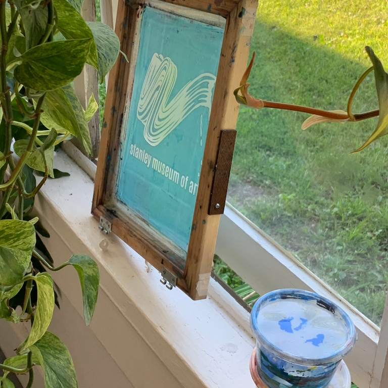 A clean screen rests on a window ledge on a screened in porch. Next to it, on the right, are two plastic containers filled with ink. To the left is a hanging plant.